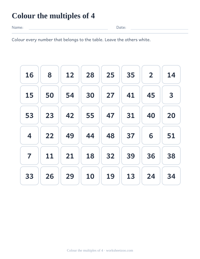 Grid of forty-eight numbers in eight columns, twelve of which are multiples of 4 to be coloured in.
