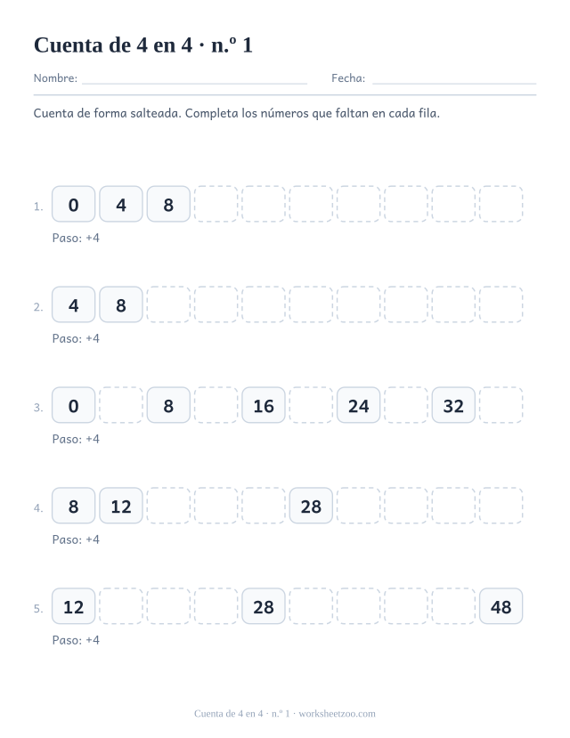 Cinco filas de diez casillas que cuentan de 4 en 4, con las primeras casillas rellenas y el resto vacías.