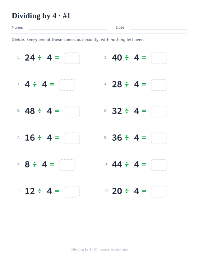 Twelve division equations, each a multiple of 4 divided by 4, ending in an empty answer box (set 1).