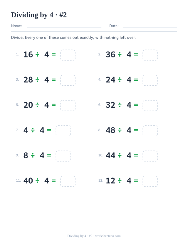 Twelve division equations, each a multiple of 4 divided by 4, ending in an empty answer box (set 2).