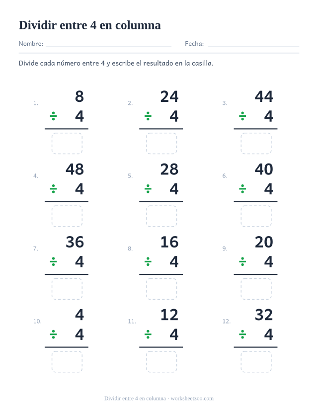 Doce divisiones en vertical en una cuadrícula de tres por cuatro, con un múltiplo de 4 sobre 4 y una casilla bajo la raya.