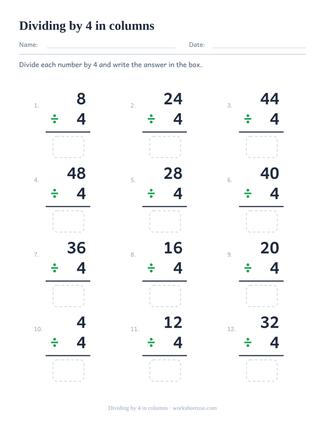 Twelve vertical divisions in a three by four grid, each a multiple of 4 over 4, with an answer box under the rule.
