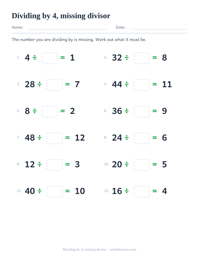 Twelve divisions with an empty box where the divisor should be, between a printed multiple of 4 and a printed answer.