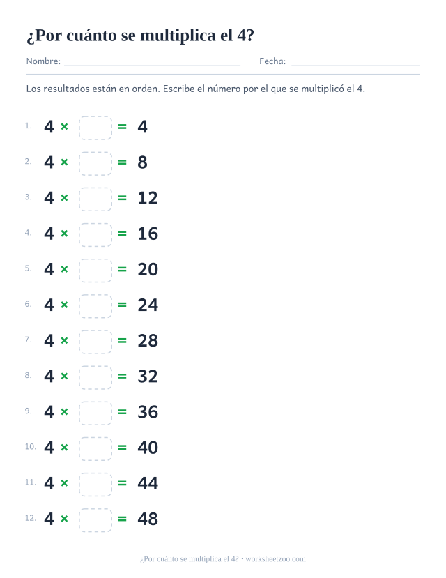 Doce renglones con 4 x casilla = resultado impreso, en orden de 4 hasta 48.