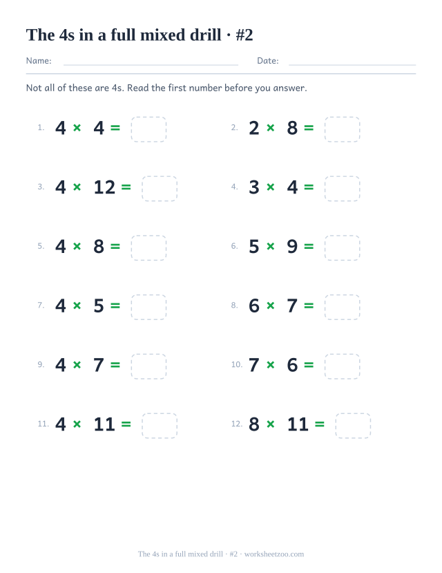 A second page of twelve mixed-table equations including the 4 times table, numbered in two columns.
