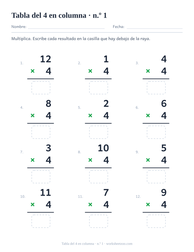 Doce multiplicaciones en vertical con el 4 como factor de abajo, una raya y una casilla vacía debajo (juego 1).
