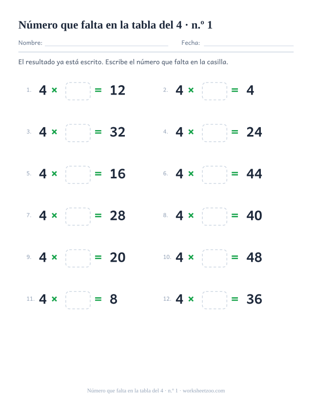 Doce operaciones con 4 x casilla vacía = resultado impreso, en dos columnas de seis (juego 1).