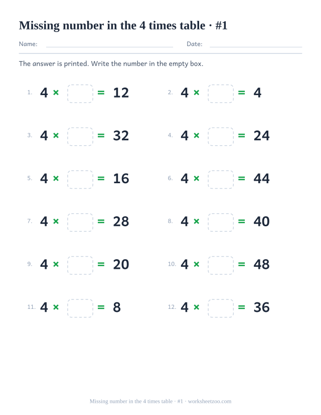 Twelve equations reading 4 x empty box = a printed product, in two columns of six (set 1).