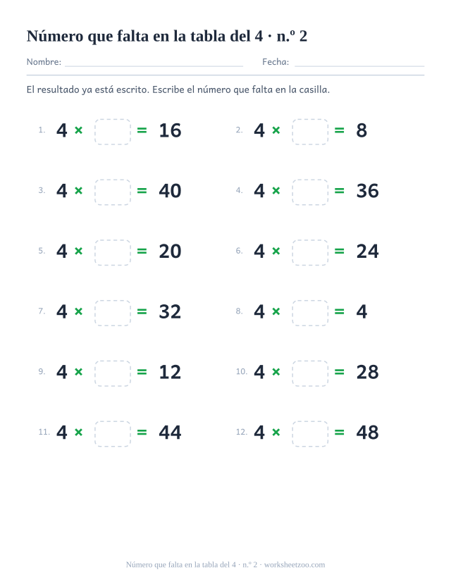 Doce operaciones con 4 x casilla vacía = resultado impreso, en dos columnas de seis (juego 2).