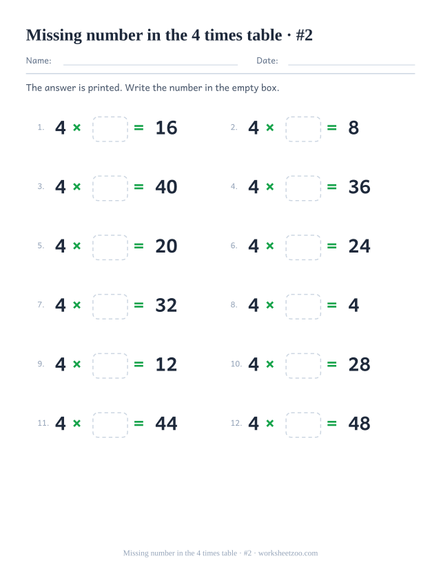 Twelve equations reading 4 x empty box = a printed product, in two columns of six (set 2).