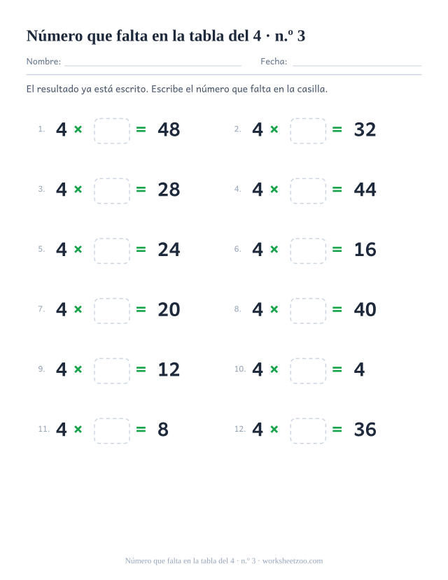 Doce operaciones con 4 x casilla vacía = resultado impreso, en dos columnas de seis (juego 3).