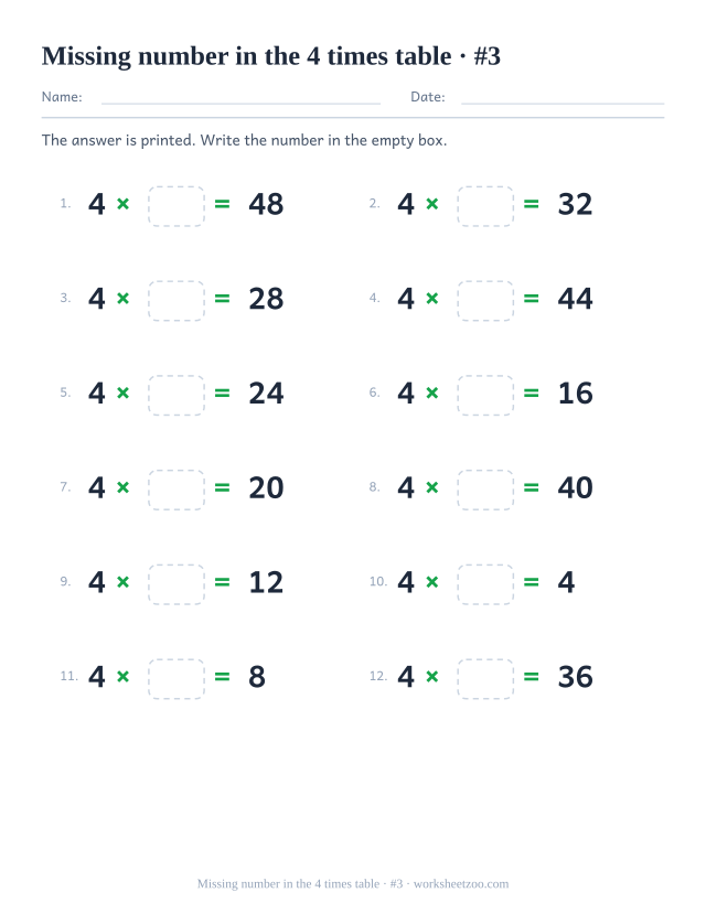 Twelve equations reading 4 x empty box = a printed product, in two columns of six (set 3).