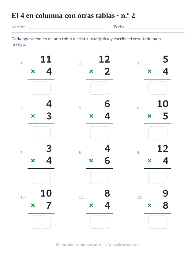 Doce multiplicaciones en vertical de tablas mezcladas, la mitad con el 4, cada una con raya y casilla vacía (juego 2).