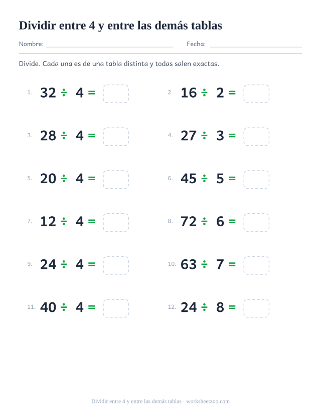 Doce divisiones de varias tablas, la mitad entre 4, cada una con una casilla vacía al final.