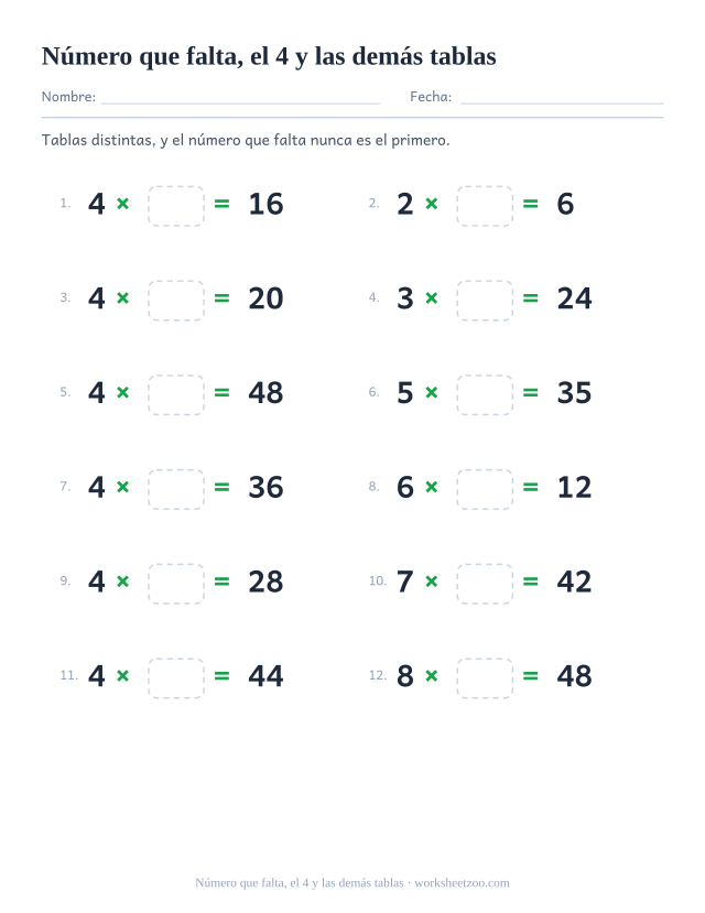 Doce operaciones de tablas mezcladas, la mitad del 4, con la forma número x casilla vacía = resultado impreso, en dos columnas de seis.