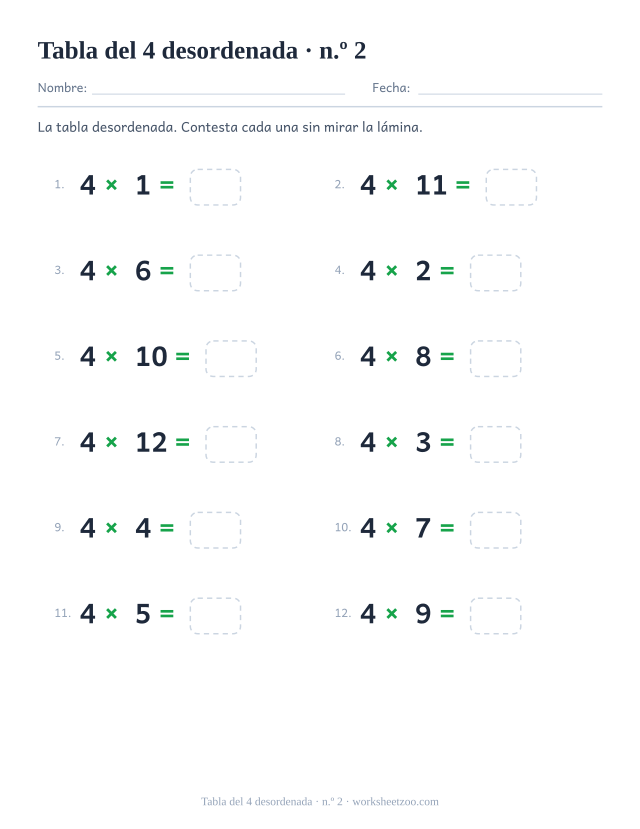Doce multiplicaciones del 4 desordenadas en dos columnas de seis, numeradas y con casilla vacía (juego 2).