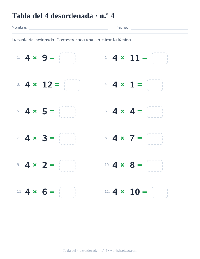 Doce multiplicaciones del 4 desordenadas en dos columnas de seis, numeradas y con casilla vacía (juego 4).