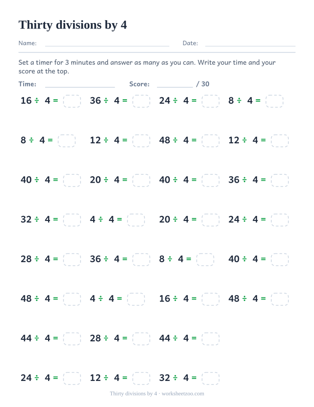 Thirty division equations dividing multiples of 4 by 4, in four columns, with a time and score header.