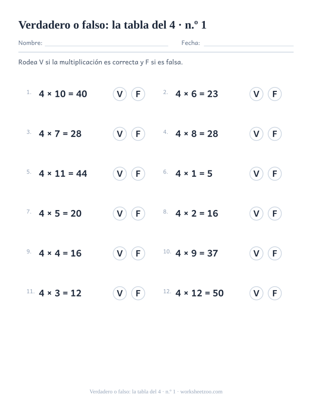 Doce multiplicaciones del 4 ya resueltas, cada una con un círculo V y un círculo F para rodear (juego 1).