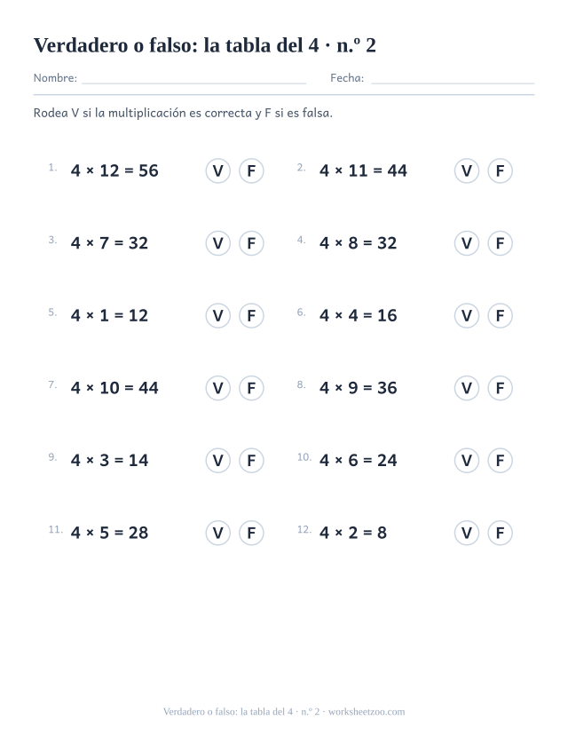 Doce multiplicaciones del 4 ya resueltas, cada una con un círculo V y un círculo F para rodear (juego 2).