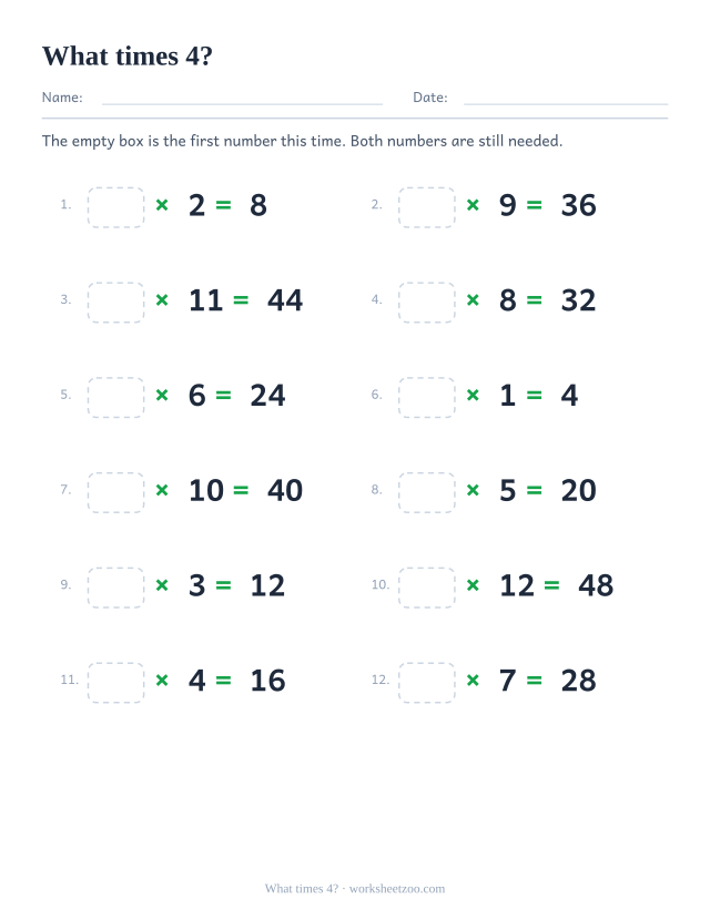 Twelve equations beginning with an empty box, then x 4 and a printed answer, in two columns.