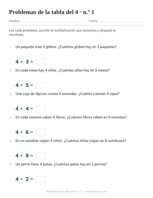 Seis problemas numerados sobre grupos iguales de 4, cada uno seguido de una multiplicación impresa con casilla vacía.