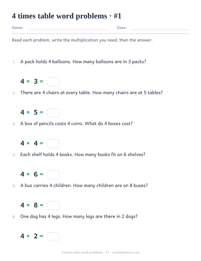 Six numbered word problems about equal groups of 4, each followed by a printed multiplication with an empty answer box.