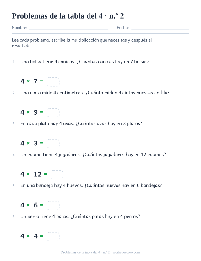 Seis problemas numerados con grupos grandes de 4, cada uno con una multiplicación y una casilla vacía debajo.
