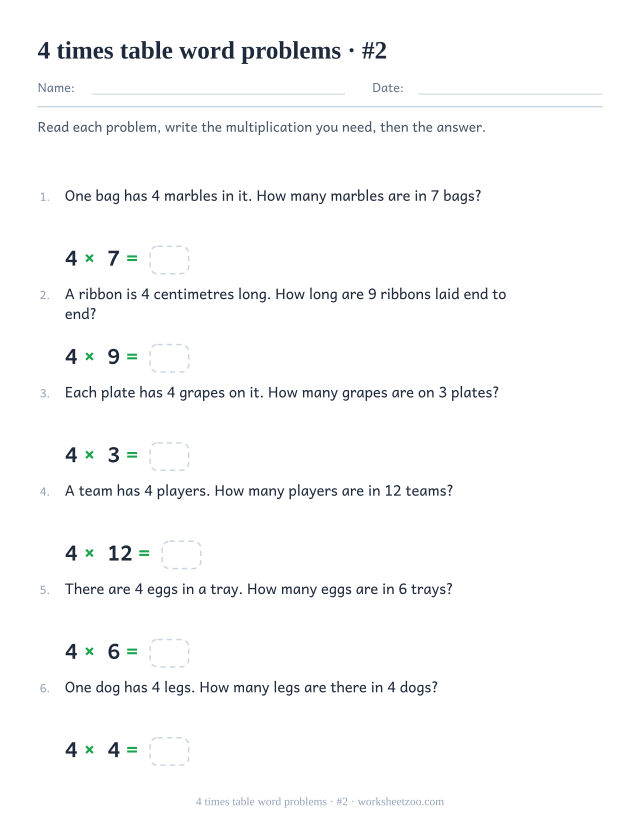 Six numbered word problems with larger groups of 4, each with a multiplication and an empty answer box underneath.