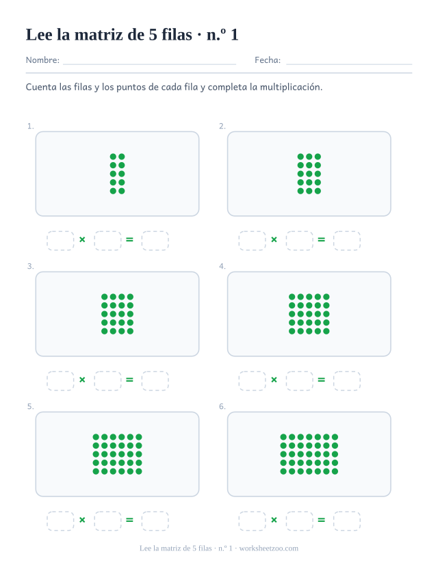 Seis rectángulos de puntos verdes de 5 filas cada uno, sobre tres casillas vacías que forman una multiplicación (juego 1).