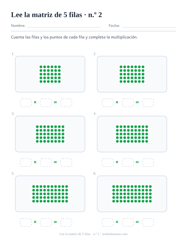 Seis rectángulos de puntos verdes de 5 filas cada uno, sobre tres casillas vacías que forman una multiplicación (juego 2).