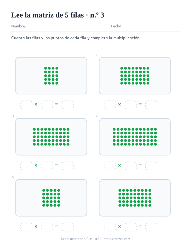 Seis rectángulos de puntos verdes de 5 filas cada uno, sobre tres casillas vacías que forman una multiplicación (juego 3).