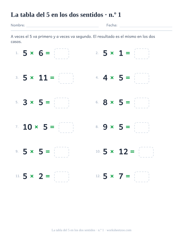 Doce operaciones en las que el 5 unas veces va delante y otras detrás, todas con casilla vacía (juego 1).