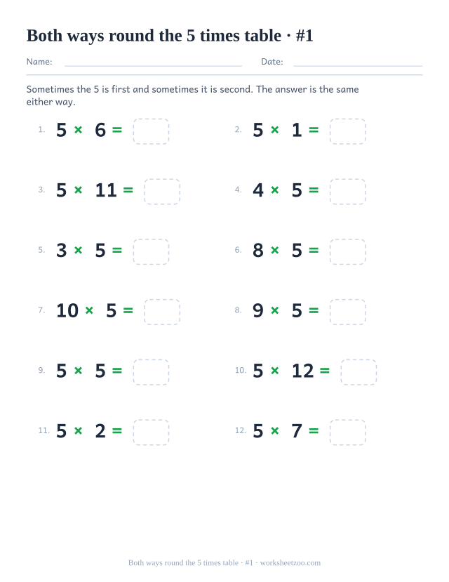 Twelve equations where 5 appears first in some and second in others, each with an empty answer box (set 1).