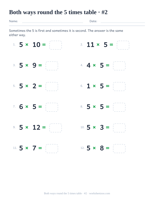 Twelve equations where 5 appears first in some and second in others, each with an empty answer box (set 2).