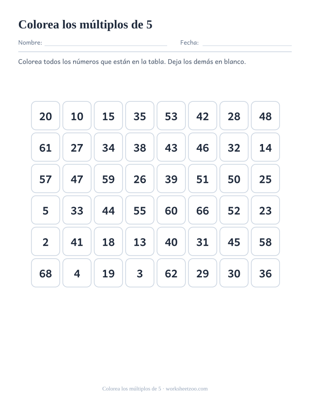 Cuadrícula de cuarenta y ocho números en ocho columnas, de los que doce son múltiplos de 5 y hay que colorear.