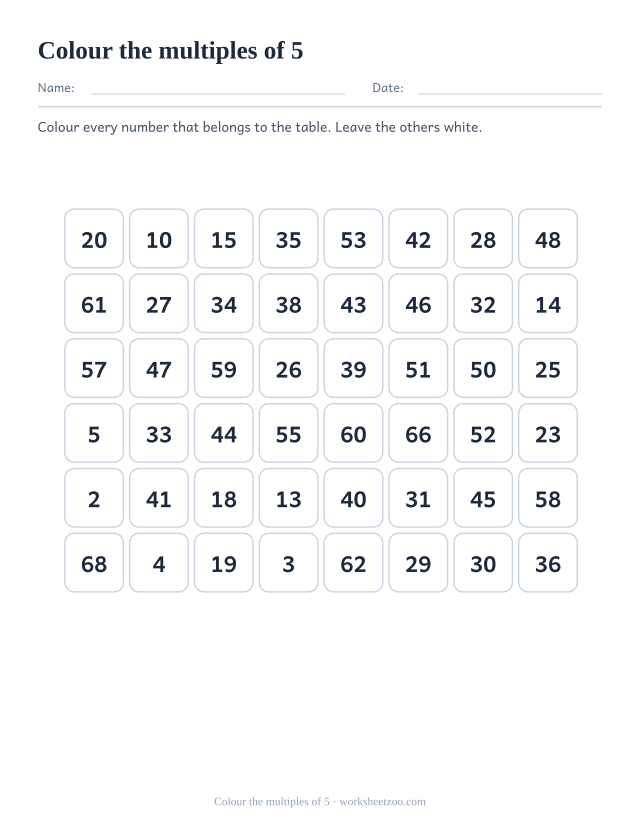 Grid of forty-eight numbers in eight columns, twelve of which are multiples of 5 to be coloured in.