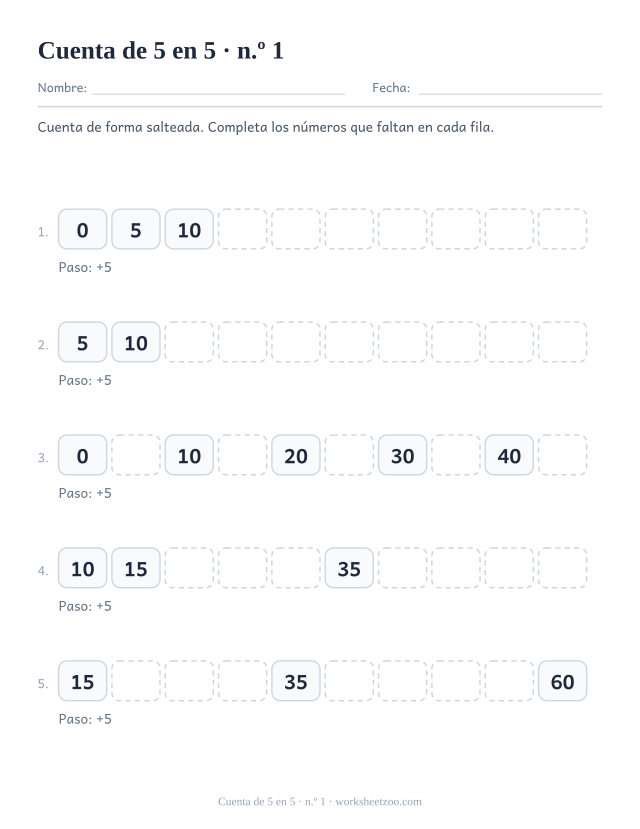Cinco filas de diez casillas que cuentan de 5 en 5, con las primeras casillas rellenas y el resto vacías.
