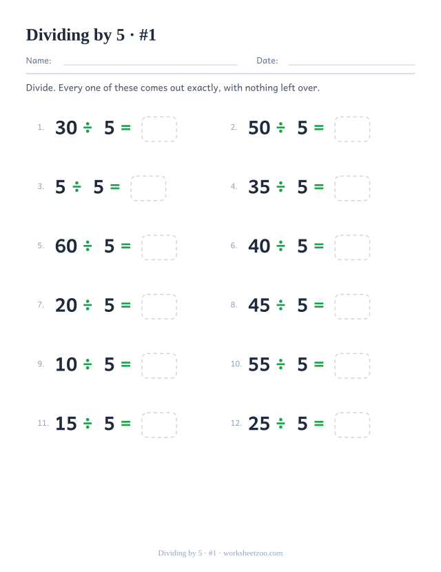 Twelve division equations, each a multiple of 5 divided by 5, ending in an empty answer box (set 1).