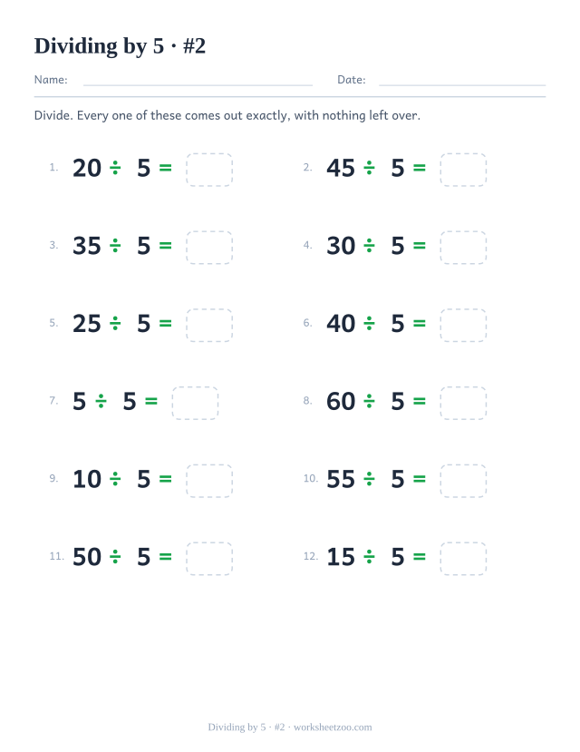 Twelve division equations, each a multiple of 5 divided by 5, ending in an empty answer box (set 2).