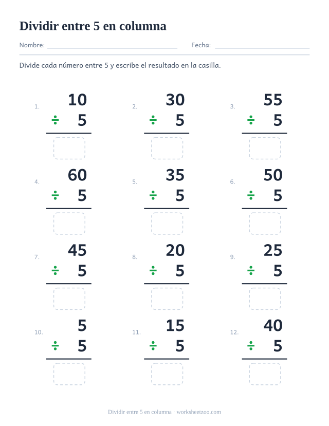 Doce divisiones en vertical en una cuadrícula de tres por cuatro, con un múltiplo de 5 sobre 5 y una casilla bajo la raya.
