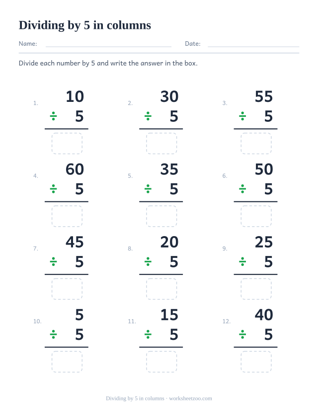 Twelve vertical divisions in a three by four grid, each a multiple of 5 over 5, with an answer box under the rule.