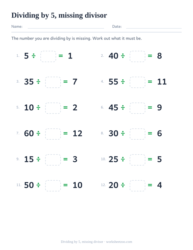 Twelve divisions with an empty box where the divisor should be, between a printed multiple of 5 and a printed answer.