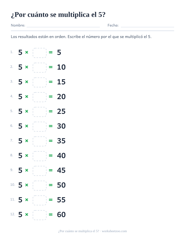 Doce renglones con 5 x casilla = resultado impreso, en orden de 5 hasta 60.