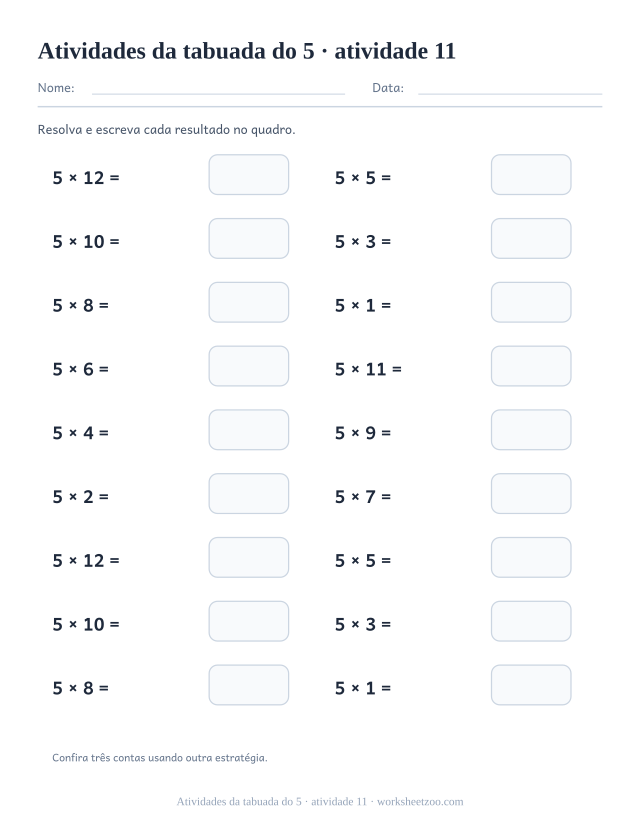 Prévia de Atividades da tabuada do 5, atividade 11 para imprimir