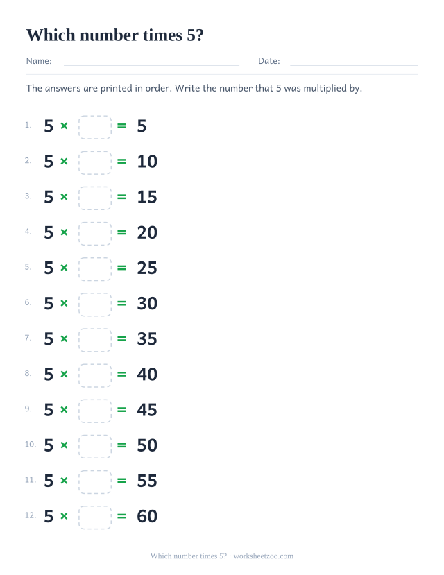 Twelve rows reading 5 x box = printed product, in order from 5 to 60.