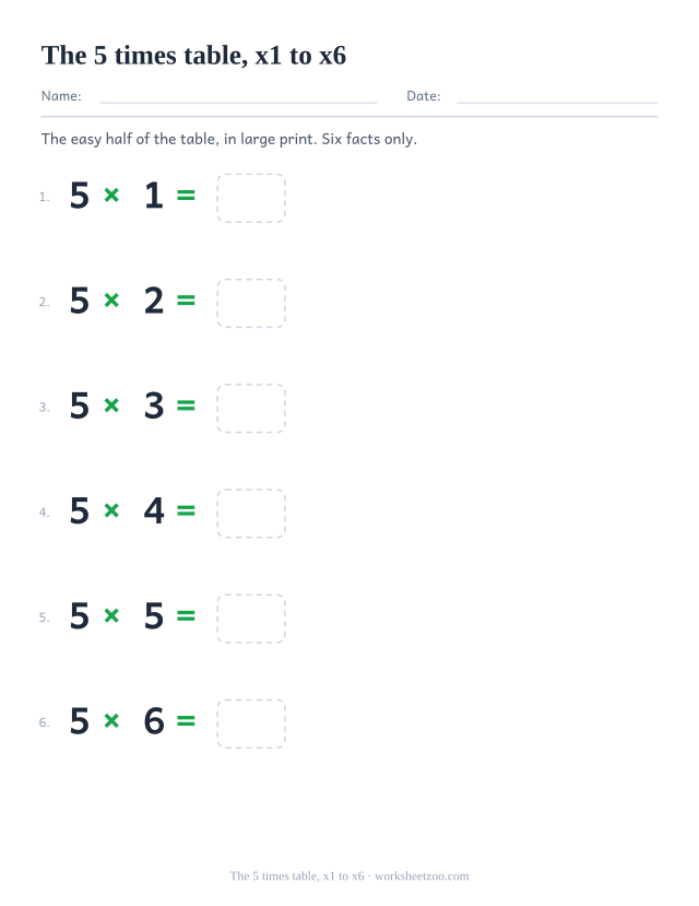 Six large equations from 5 x 1 to 5 x 6, widely spaced down the page, each with an answer box.