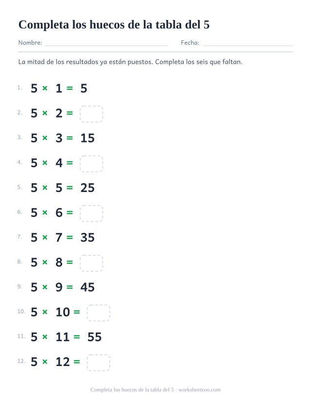 La tabla del 5 en orden con los resultados impares impresos y los pares en casillas vacías.