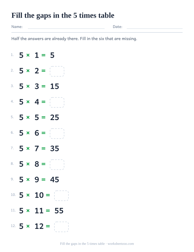 The 5 times table in order with the odd-numbered answers printed and the even ones left as empty boxes.