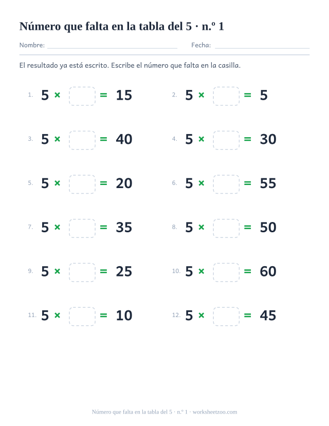 Doce operaciones con 5 x casilla vacía = resultado impreso, en dos columnas de seis (juego 1).